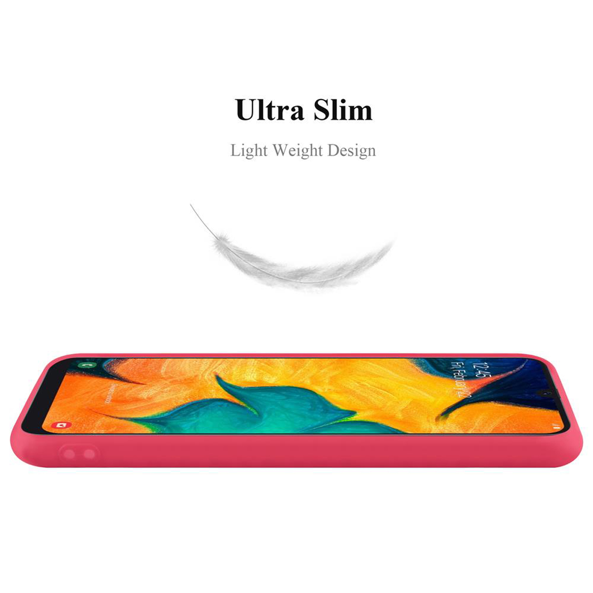 Rote Handyhülle mit Federgrafik darüber. Text "Ultra Slim". Weißer Hintergrund.