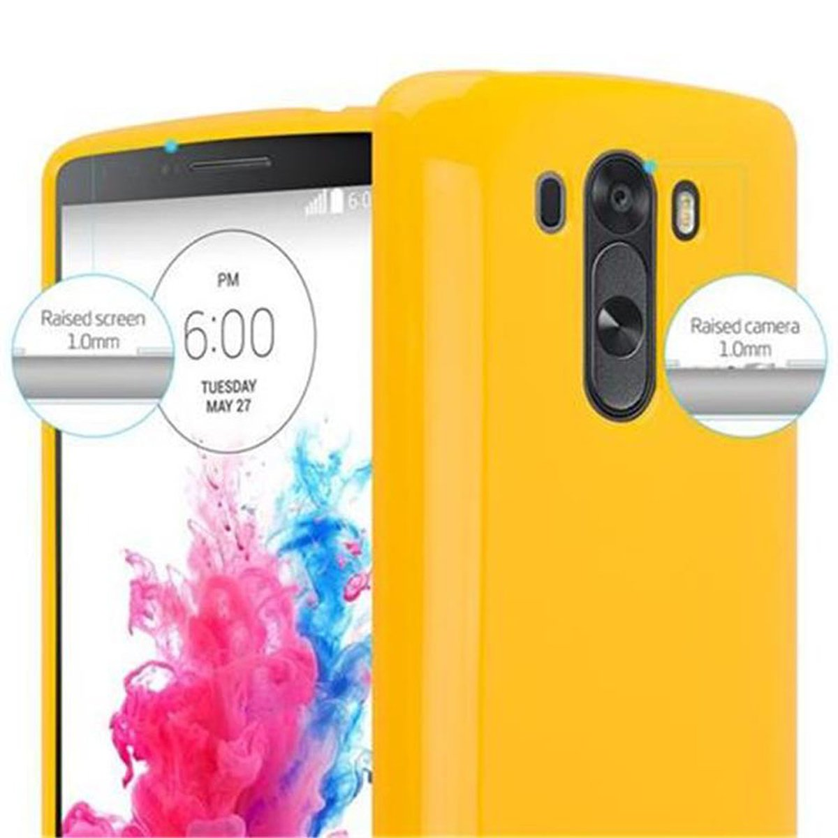 Custodia per telefono gialla con telefono all'interno, che mostra l'ora. Il testo indica le aree rialzate dello schermo e della fotocamera.
