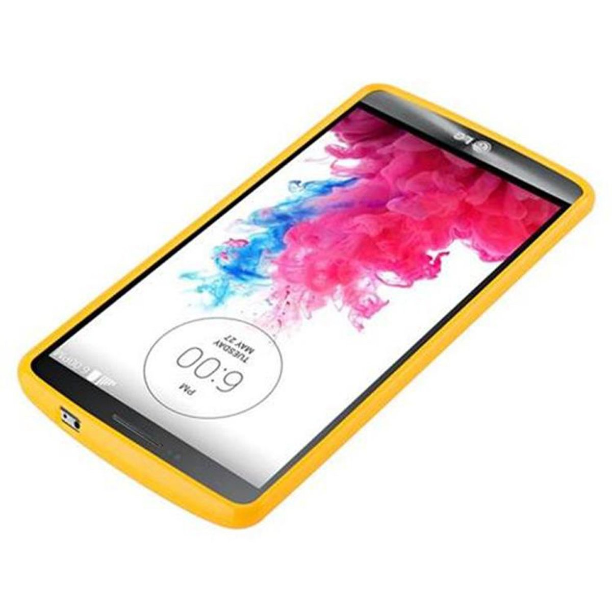 Telefono giallo con schermo bianco e custodia gialla.