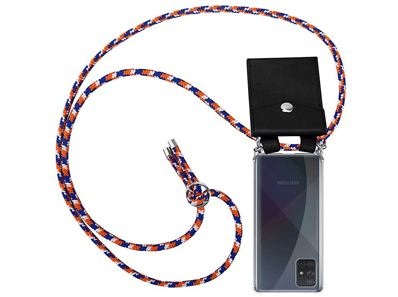 CADORABO Handy Kette mit Silber 5G, A51 Backcover, ORANGE abnehmbarer Samsung, BLAU Kordel Hülle, Band Galaxy und Ringen, WEIß