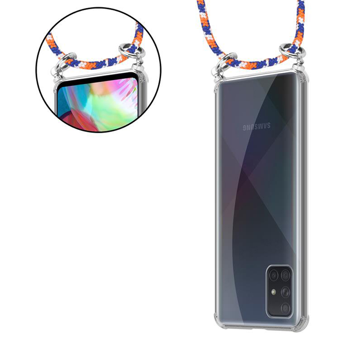 CADORABO Handy Kette mit 5G, A51 Hülle, Backcover, und Kordel ORANGE Band WEIß Samsung, Silber abnehmbarer Ringen, BLAU Galaxy