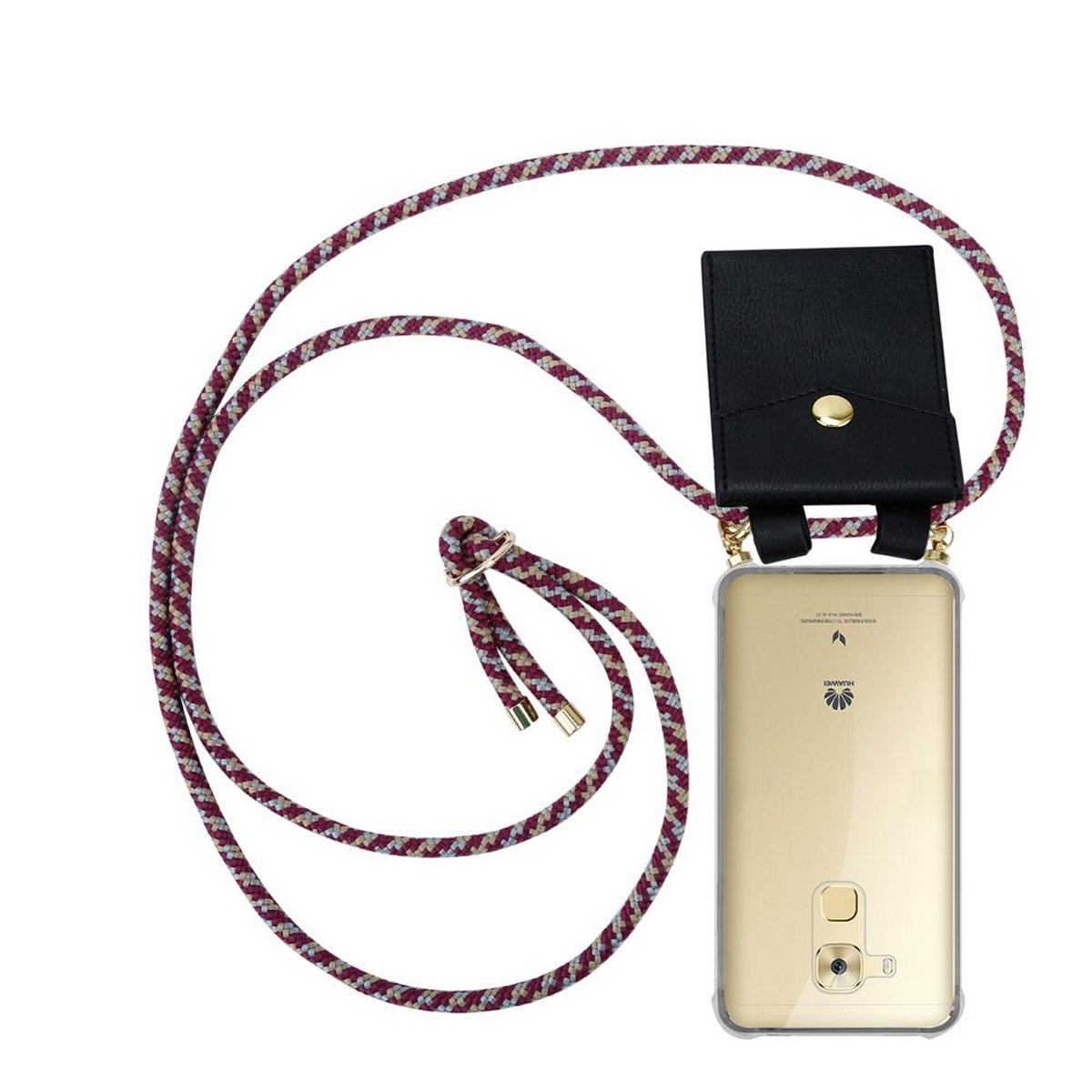 CADORABO Handy Kette mit Hülle, Gold Band NOVA und abnehmbarer PLUS, WEIß Ringen, Huawei, Kordel Backcover, ROT GELB