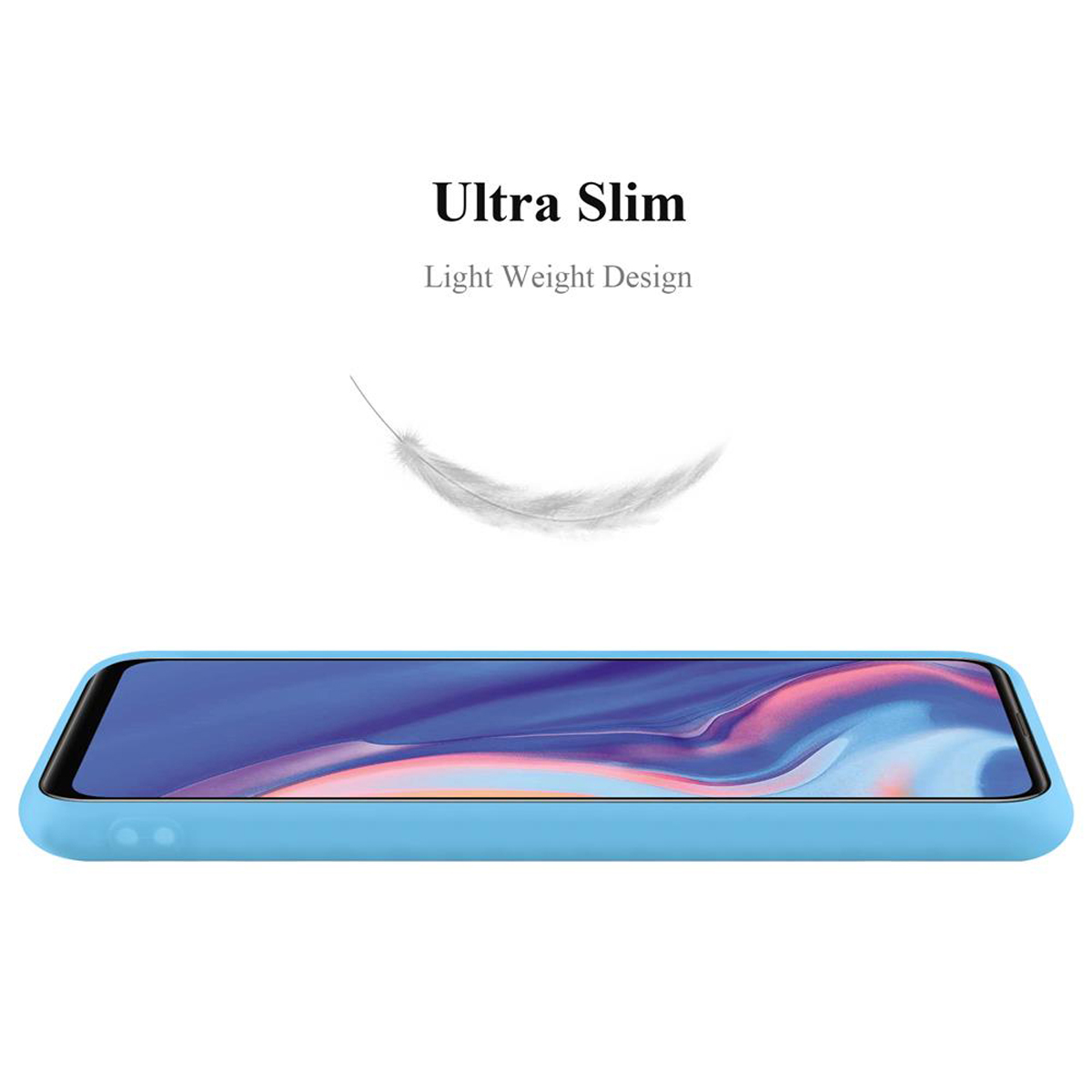 Custodia blu, vista laterale, che mostra il telefono. Sfondo bianco.