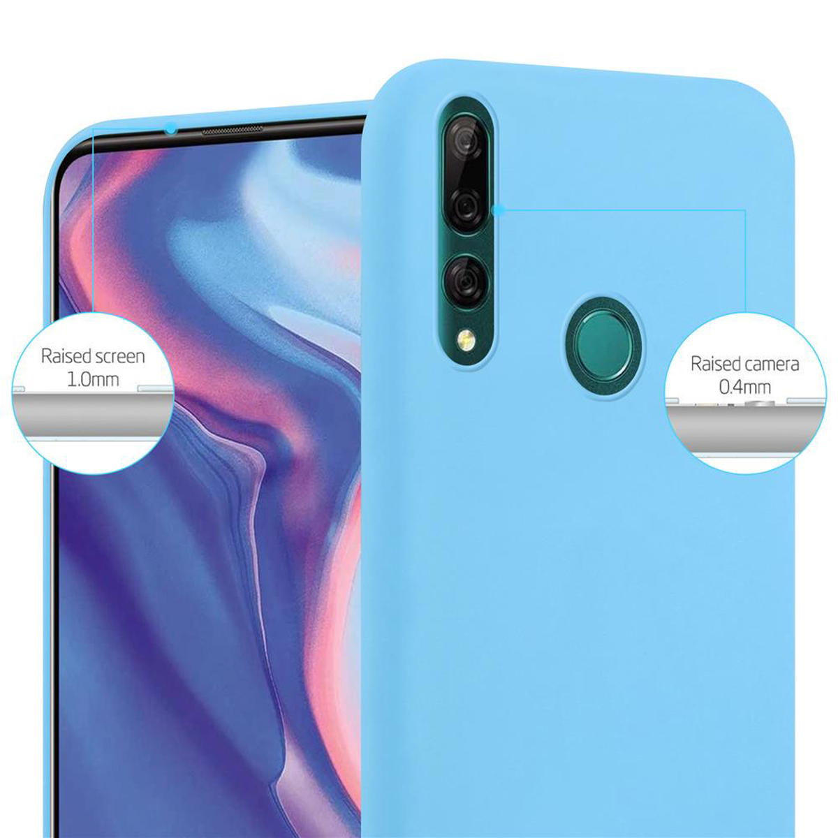 Custodia per telefono azzurra che mostra lo schermo e la fotocamera rialzati. Il testo indica schermo rialzato 1,0 mm e fotocamera 0,4 mm.