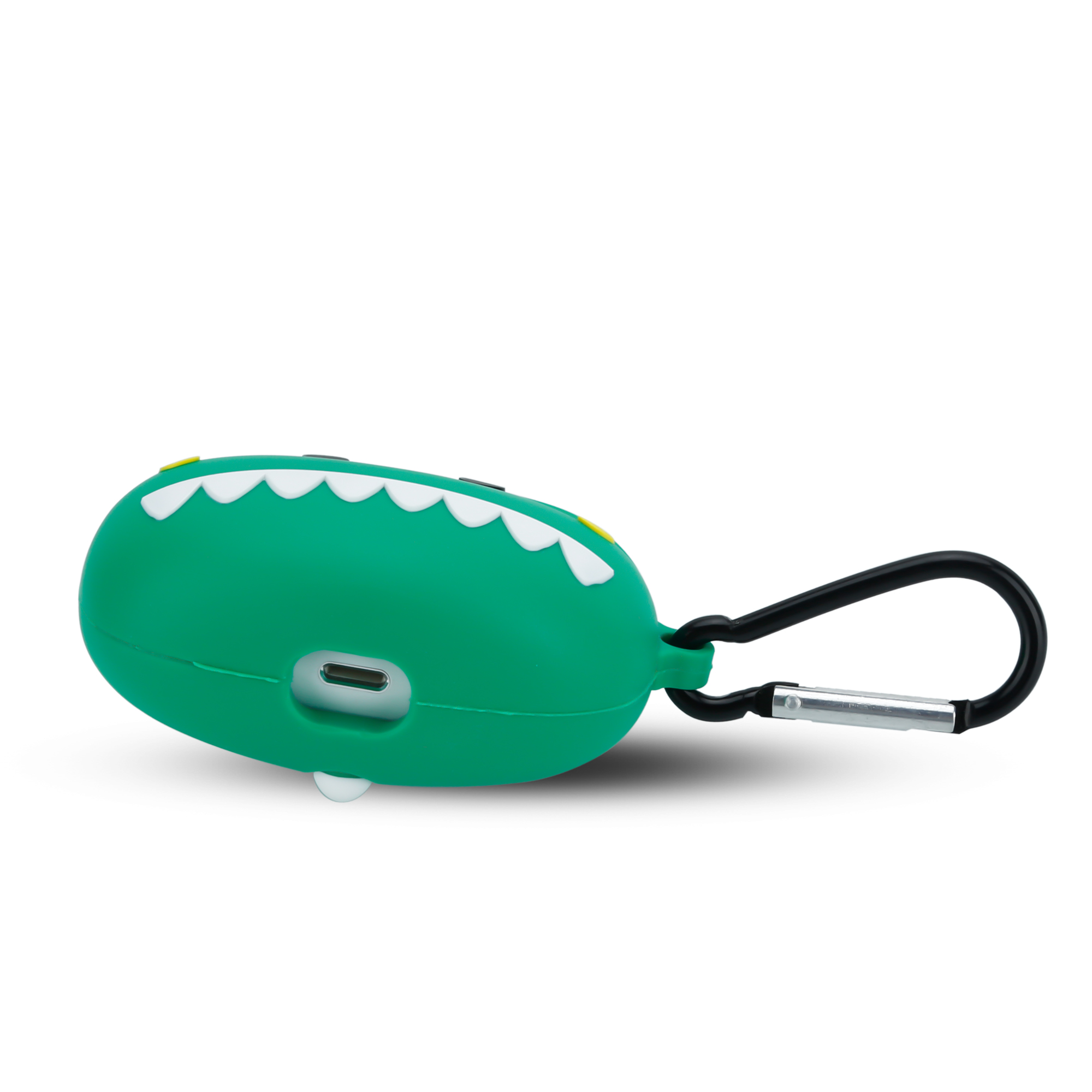 Grünes Krokodil-AirPod-Case mit schwarzem Ring. Weißer Hintergrund.