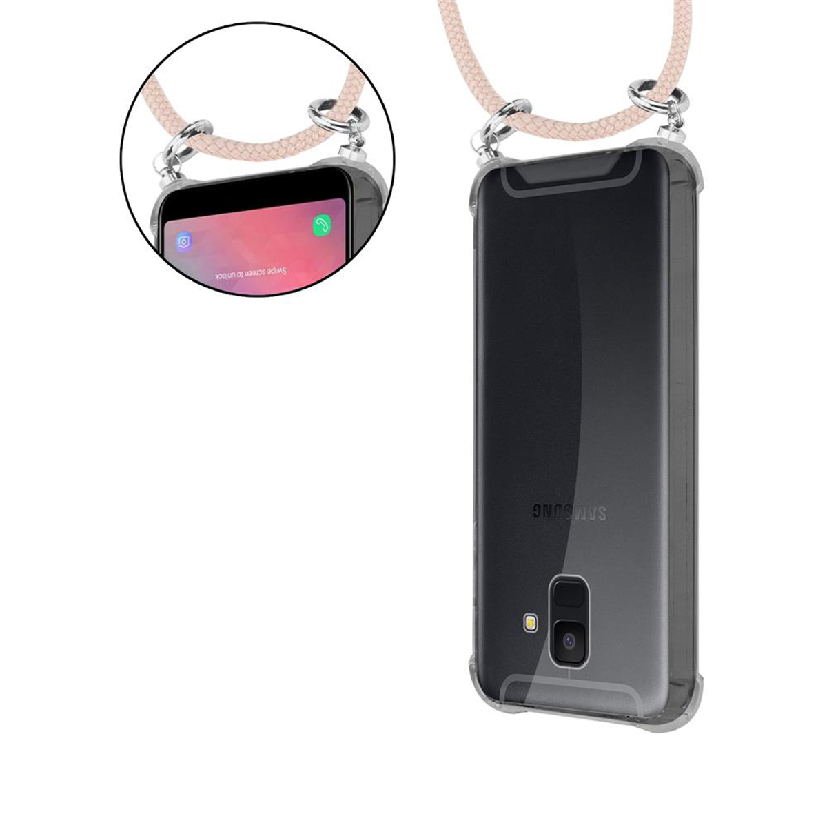 Telefon in einer transparenten Hülle, befestigt an einem hellrosa Lanyard. Der Telefonbildschirm zeigt einen Anruf.