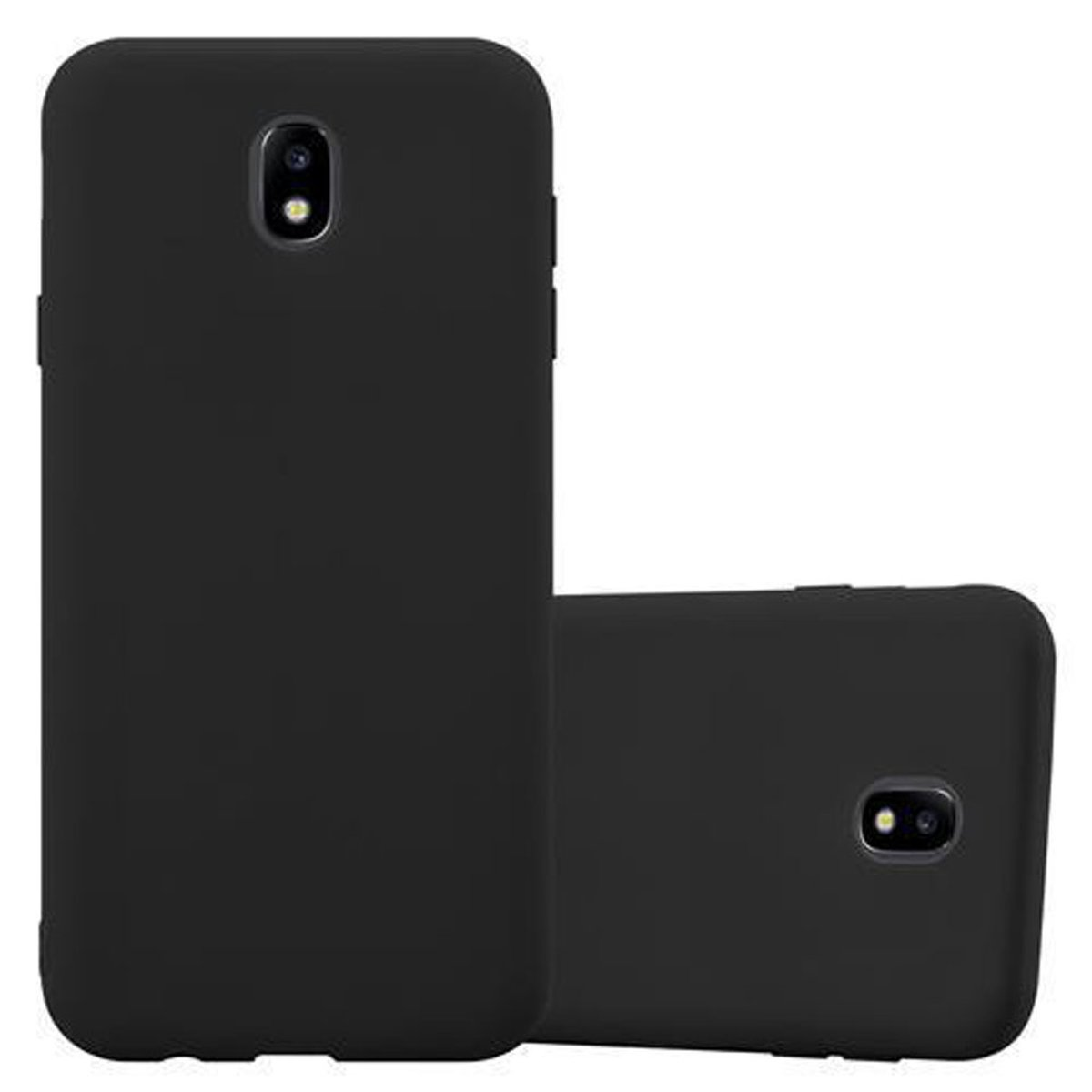 Dos fundas de teléfono negras, que muestran la parte delantera y trasera.