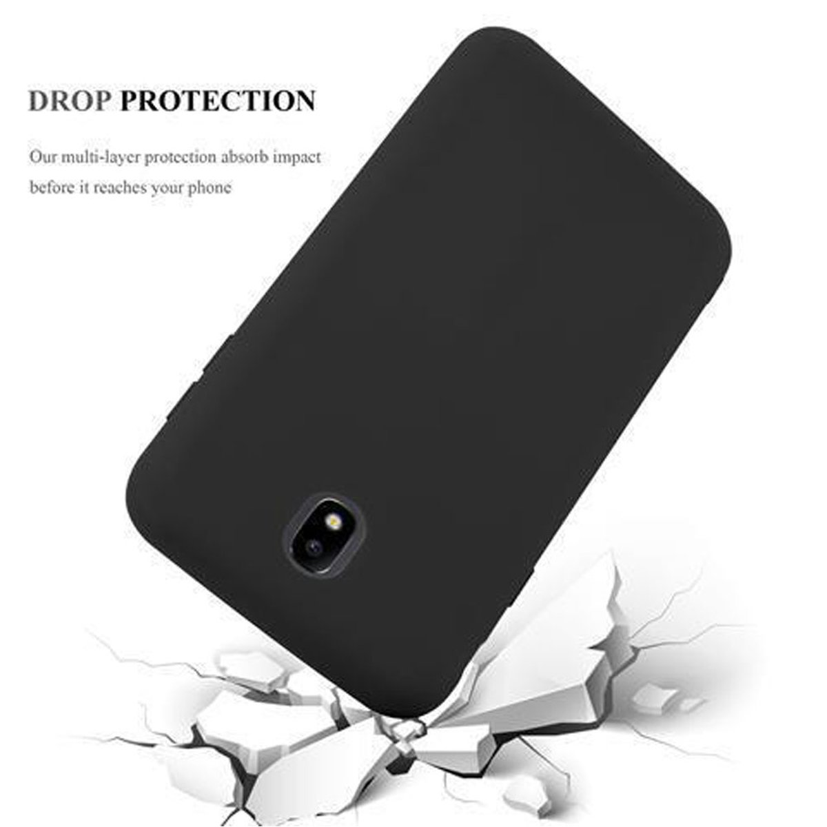 Se muestra una funda de teléfono negra, el suelo destrozado indica protección contra caídas. La funda tiene una cámara.