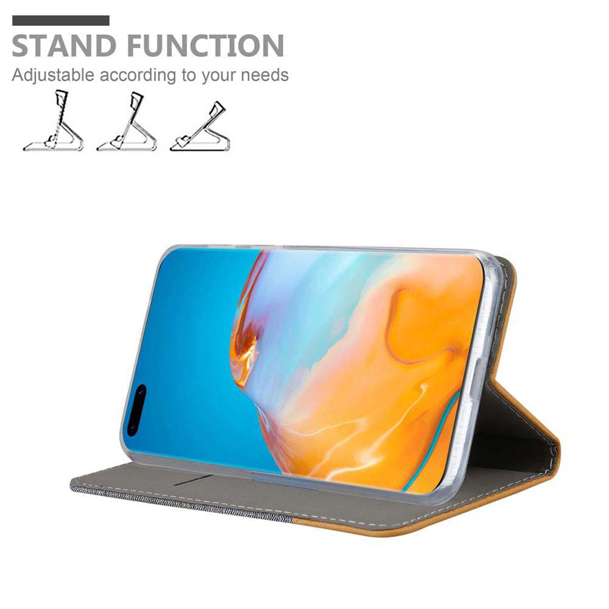 Ein Telefon in einem Etui ist hochgeklappt. Der Text oben lautet "STAND FUNCTION". Braune Lederhülle.