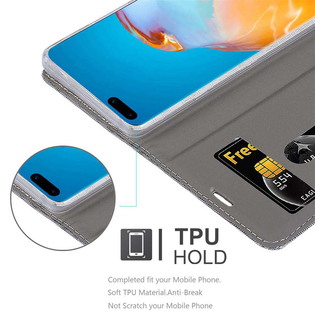 Eine offene Handyhülle mit einem Telefon darin, die eine Karte und den Telefonbildschirm zeigt.