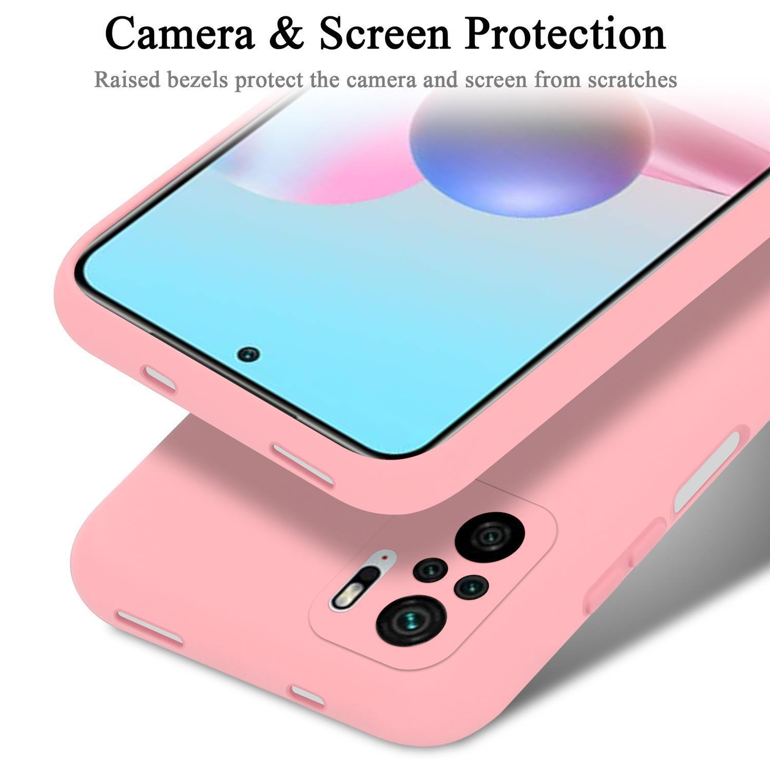 Custodia rosa per telefono, protegge fotocamera e schermo. Il telefono è mostrato da due angolazioni.
