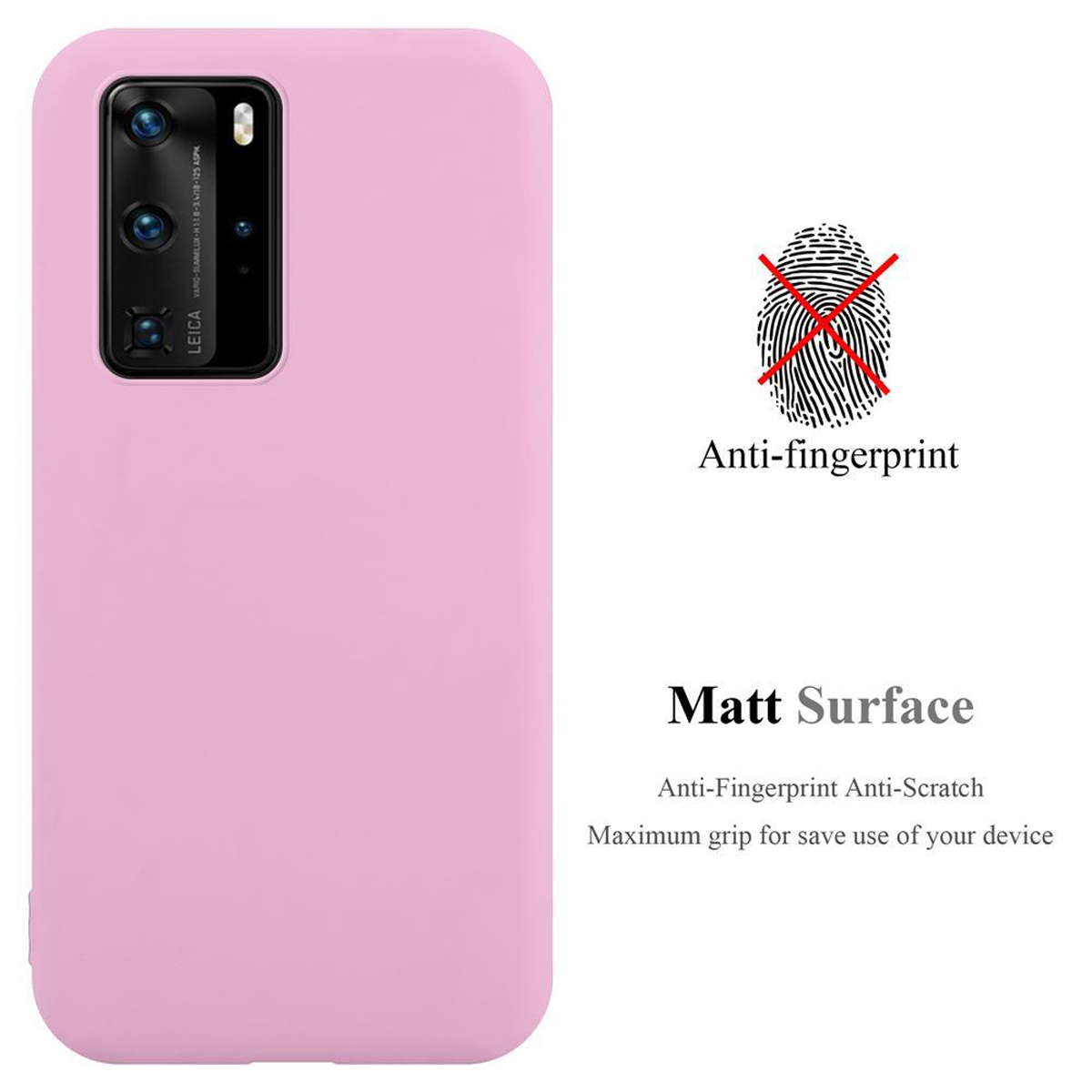 Custodia per telefono rosa con il testo 'Anti-fingerprint' e 'Matt Surface'.