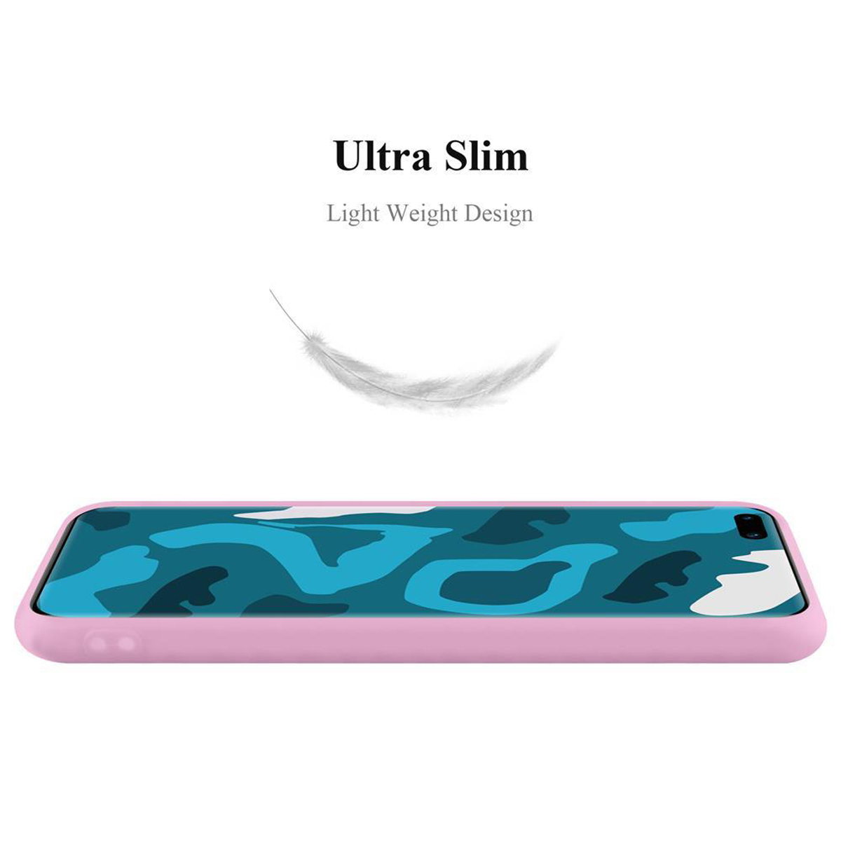 Custodia rosa per telefono con un motivo blu e bianco. Una piuma fluttua sopra il telefono.