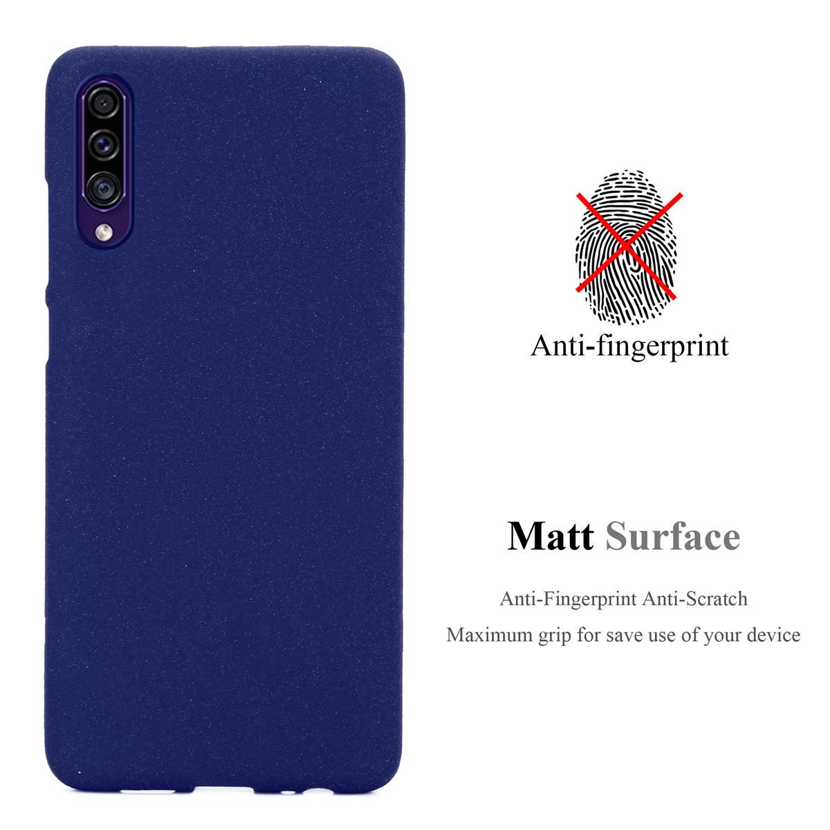 Custodia per telefono blu scuro con caratteristiche anti-impronta e superficie opaca. Il testo fornisce dettagli.
