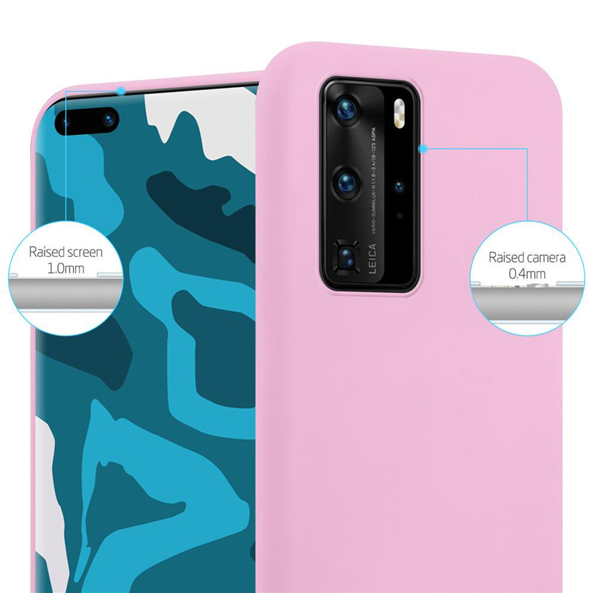 Custodia per telefono rosa con telefono dentro. Testo: 'Raised screen 1.0mm' e 'Raised camera 0.4mm'.