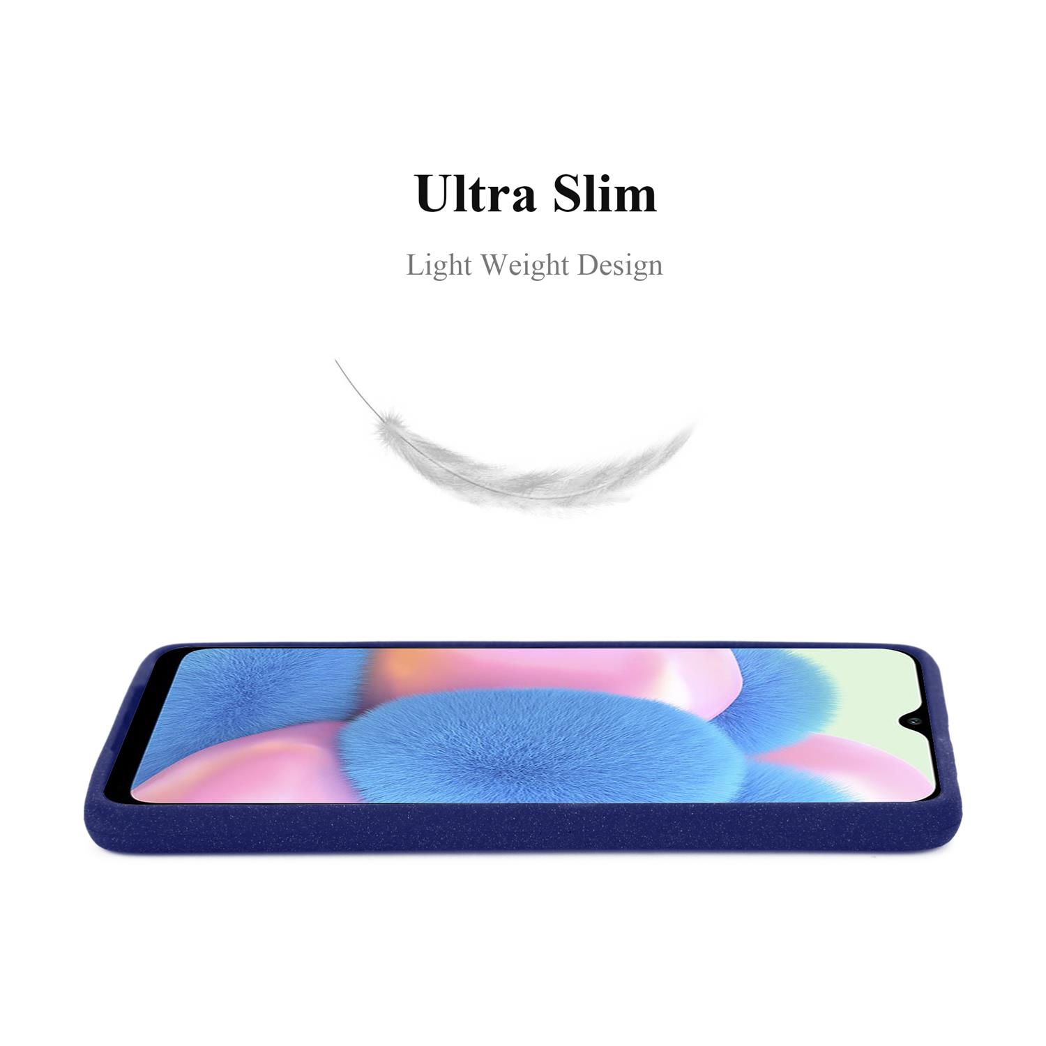 Telefono con custodia blu. Una piuma bianca e il testo 'Ultra Slim, Light Weight Design'.