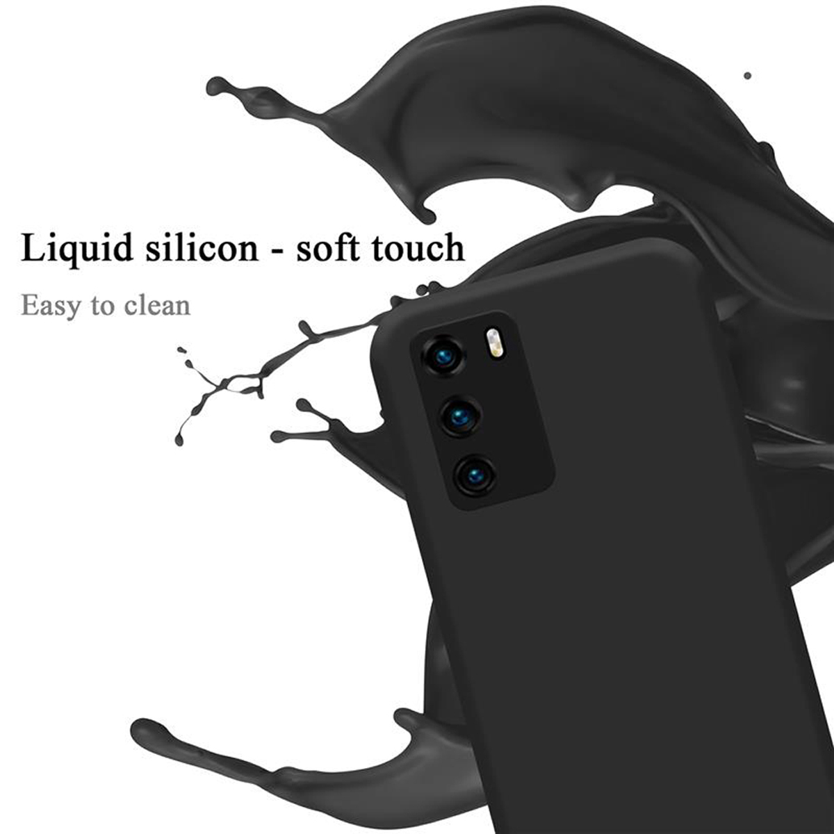Eine schwarze Handyhülle mit einem Telefon darin und ein schwarzer Flüssigkeitsspritzer darum, Text "Liquid silicon".