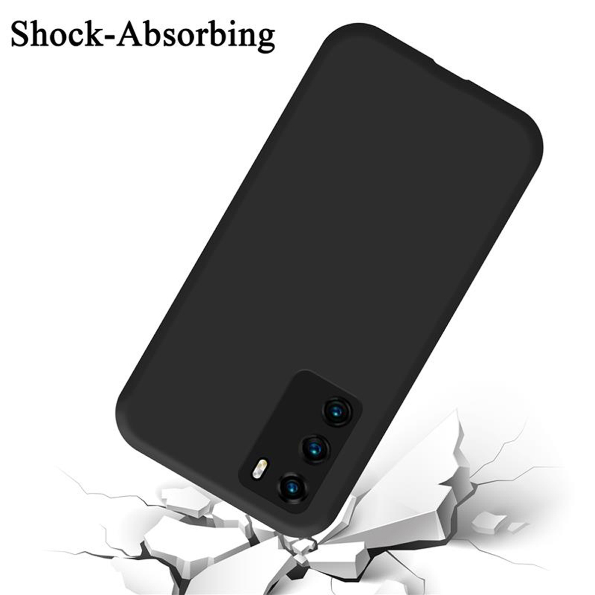 Schwarze Handyhülle schräg nach oben, zeigt ein Telefon mit Dreifachkameras, auf einer zerbrochenen Oberfläche.