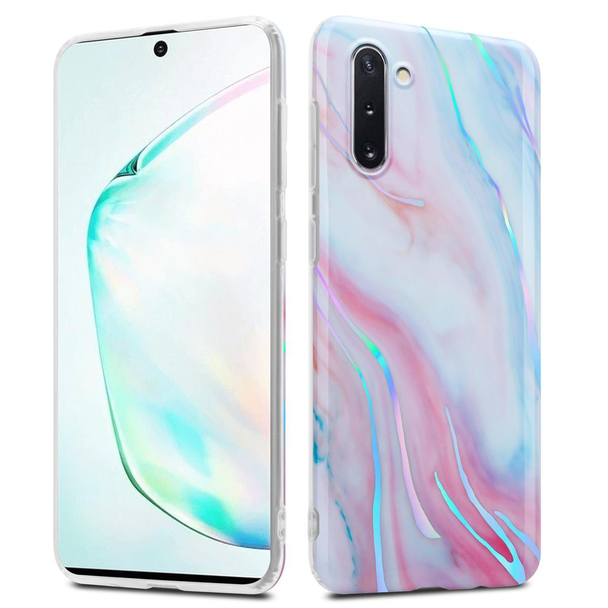 Due telefoni con custodie su una superficie bianca. Uno ha un design marmorizzato, l'altro è trasparente.