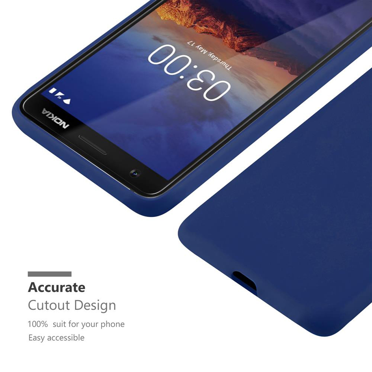 Custodia blu per telefono con un telefono all'interno. Lo schermo del telefono mostra l'ora e la data. Custodia vista da diverse angolazioni.