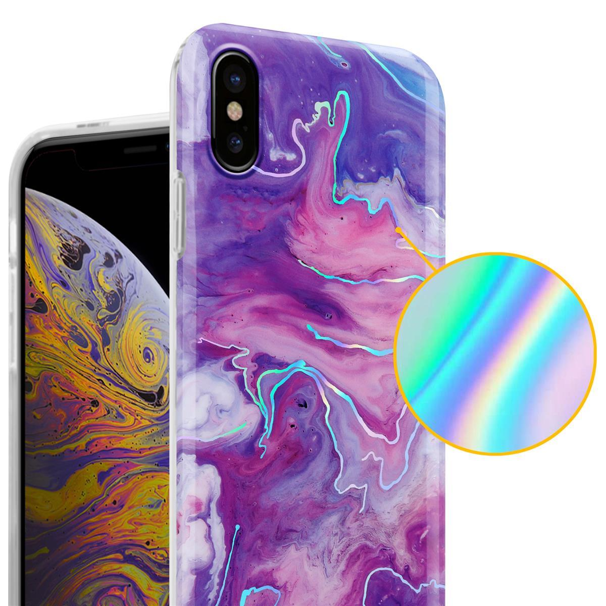 Custodia per telefono con design a marmo viola e rosa e dettaglio iridescente circolare.