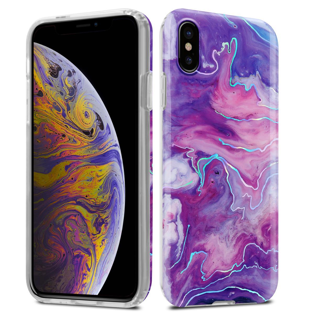 Due custodie per telefono. Una mostra lo schermo di un telefono, l'altra un motivo viola e rosa a spirale.