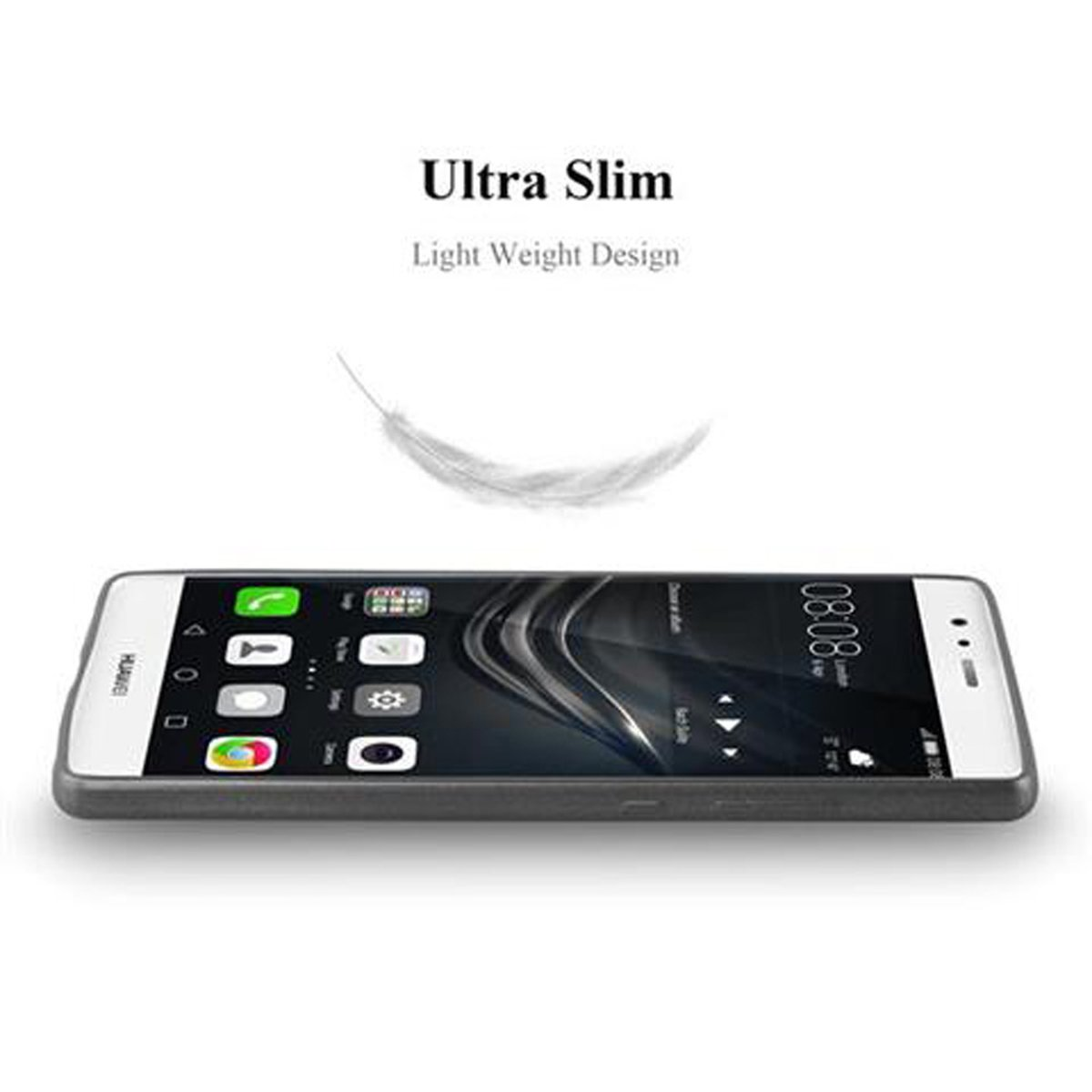 Ein Telefon mit Text und Symbolen in einer Hülle, und die Worte "Ultra Slim Light Weight Design" darüber.