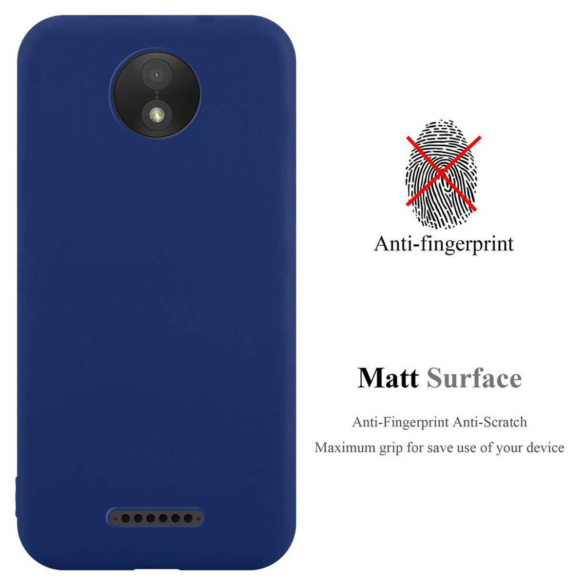 Eine blaue Handyhülle mit einem dunkelblauen Telefon darin. Die Hülle hat eine matte Oberfläche und Text über Anti-Fingerabdruck.