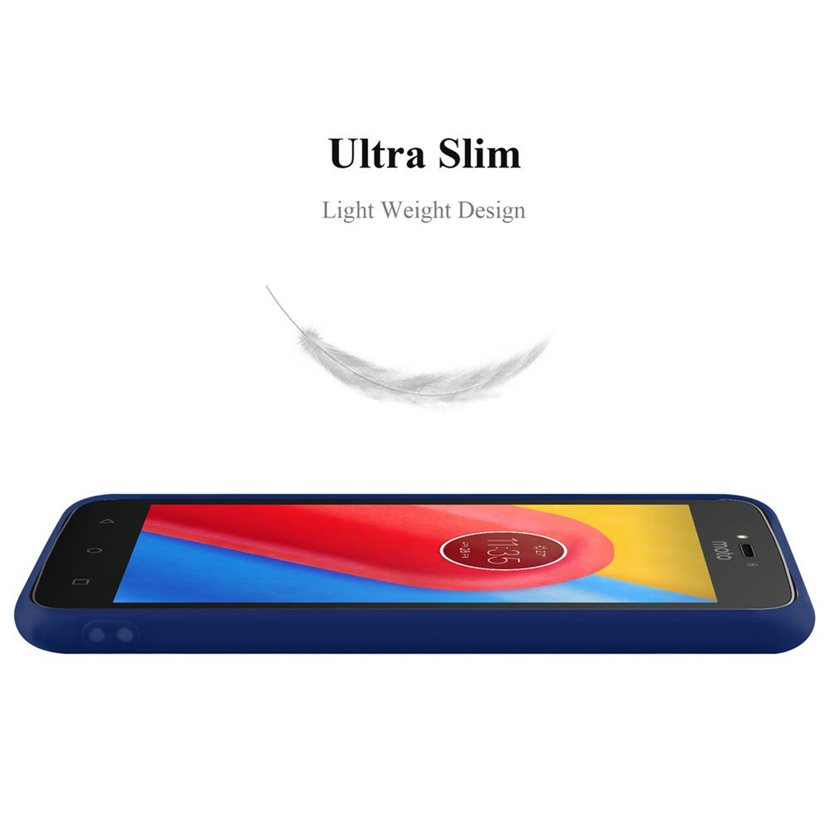 Handyhülle mit Telefon. Text: 'Ultra Slim', 'Light Weight Design'. Feder über dem Telefon.
