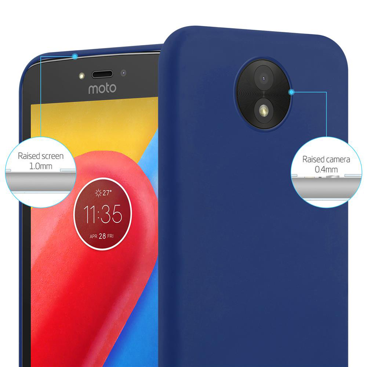 Blaue Handyhülle mit Telefon, hervorgehobener Bildschirm und Kamera.