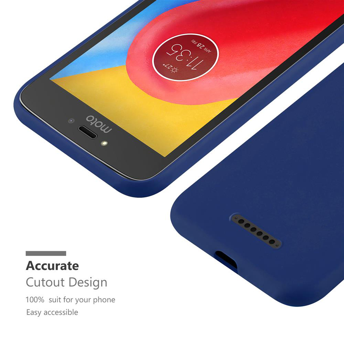 Blaue Handyhülle mit Telefon. Text hebt präzises Design und einfachen Zugriff hervor.