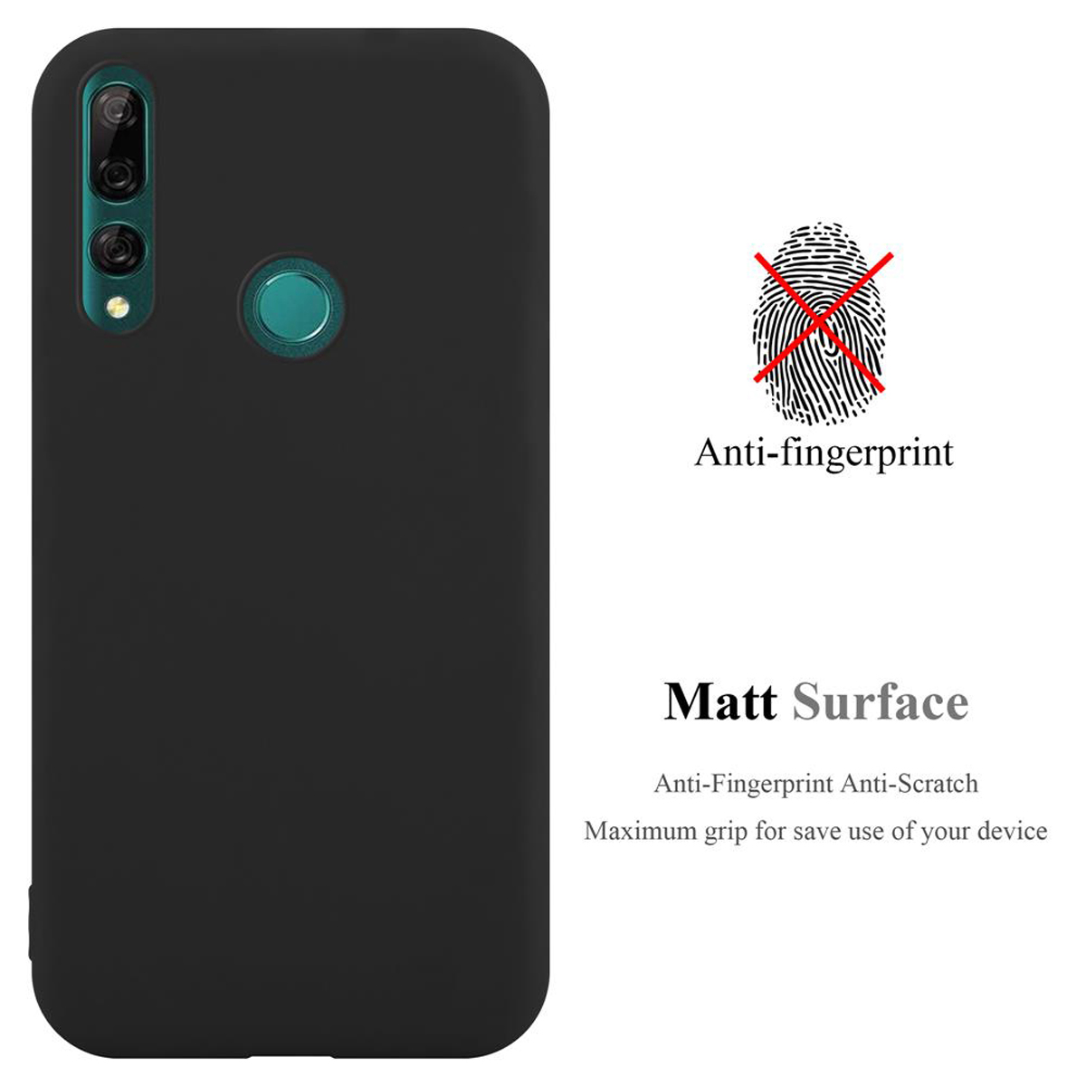 Schwarze Handyhülle mit den Worten 'Anti-Fingerprint' und 'Matt Surface' auf weißem Hintergrund.