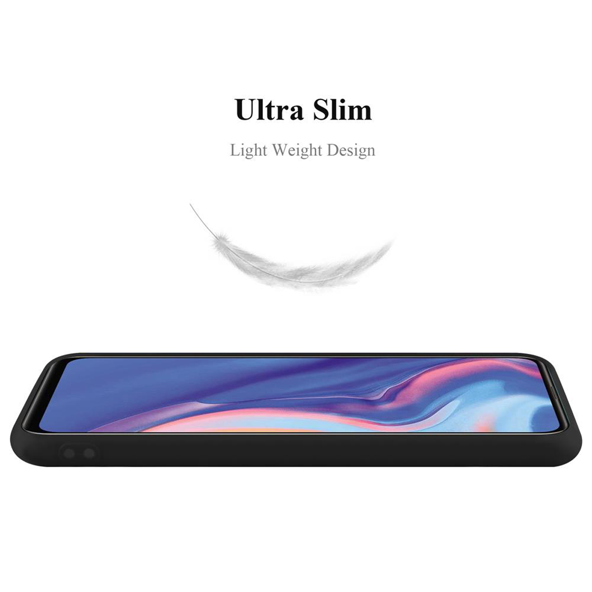 Eine schwarze Handyhülle wird von der Seite gezeigt. Eine weiße Feder schwebt darüber. Der Text 'Ultra Slim' ist vorhanden.