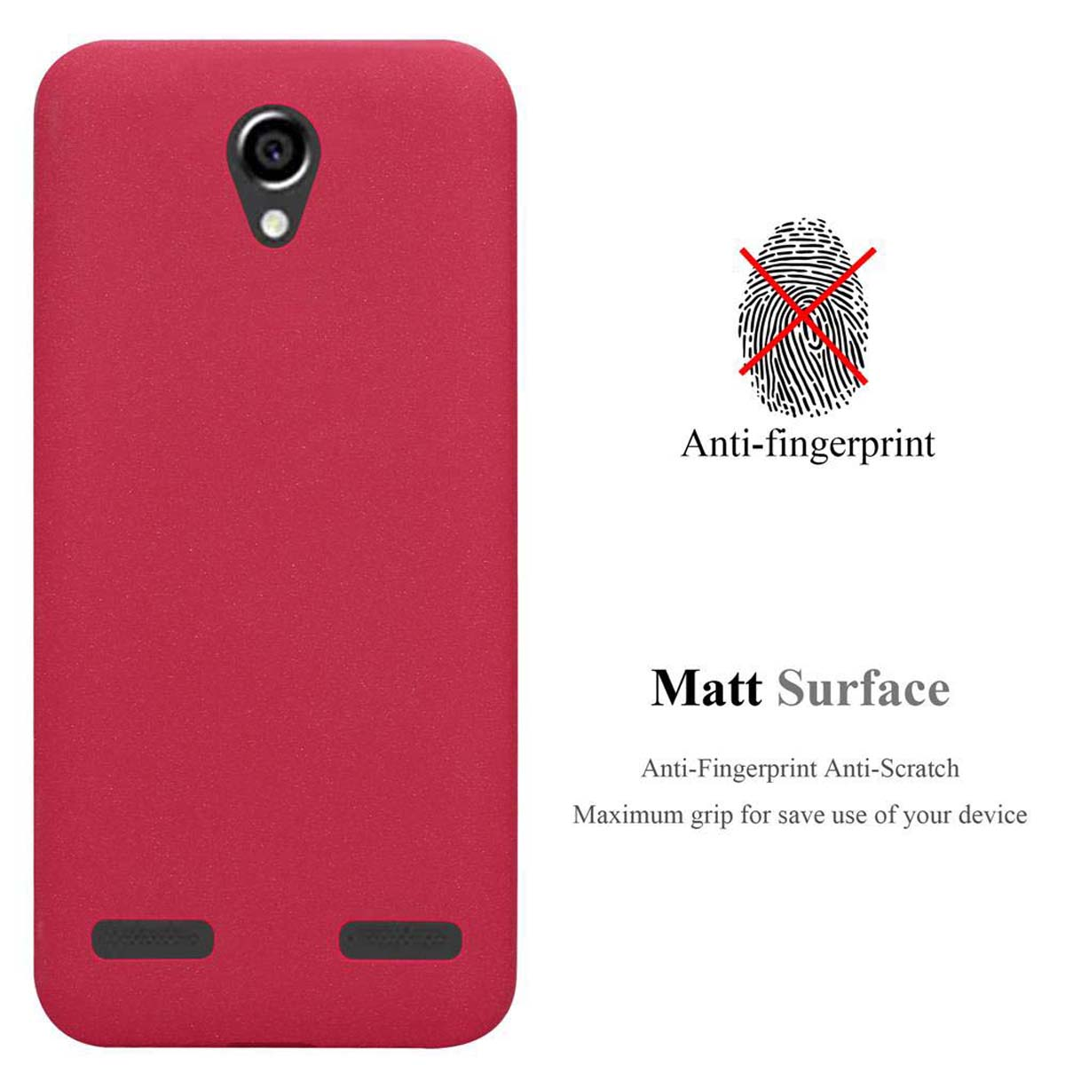 Custodia rossa per telefono con superficie anti-impronta, simbolo di impronta digitale sbarrato.