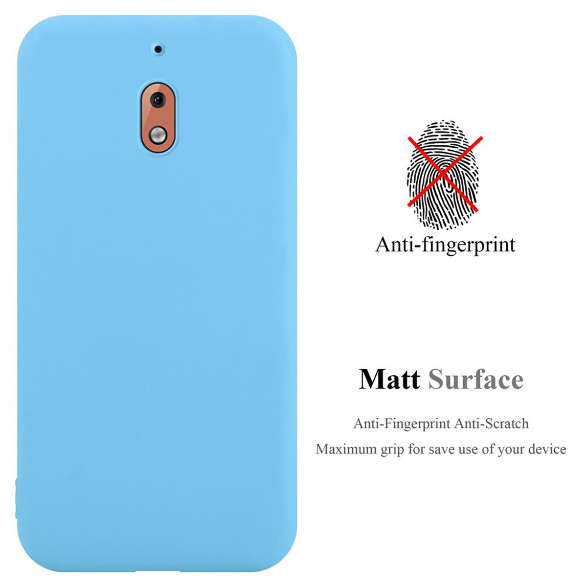 Custodia per telefono azzurra. Testo: Anti-impronte, superficie opaca, antigraffio e massima presa.