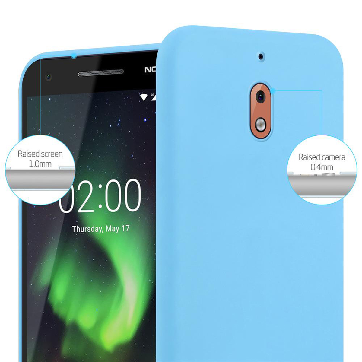 Una custodia per telefono azzurra con un telefono sul lato sinistro con testi sullo schermo. Due cerchi mostrano aree rialzate.