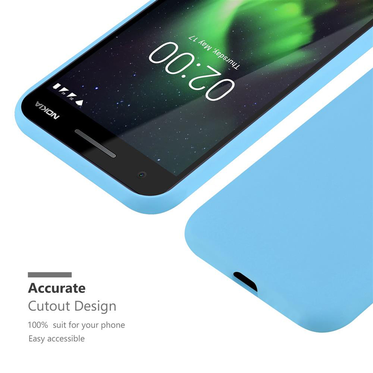 Custodia blu per telefono. Lo schermo del telefono mostra le 02:00. Sfondo bianco.