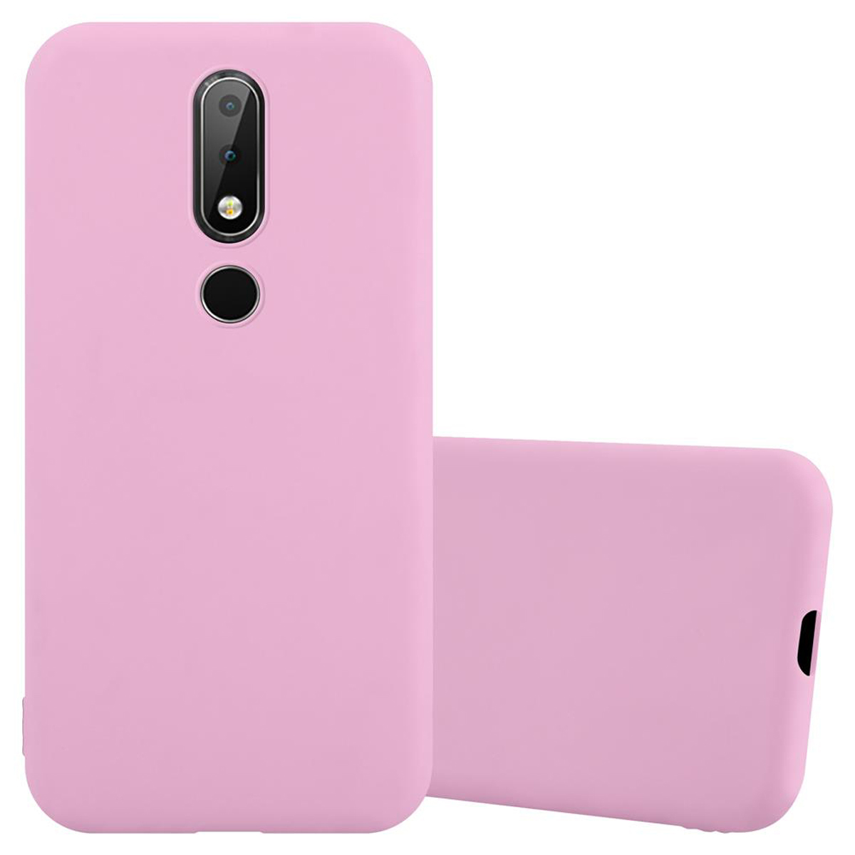 Funda de teléfono rosa con dos teléfonos. Fondo blanco.