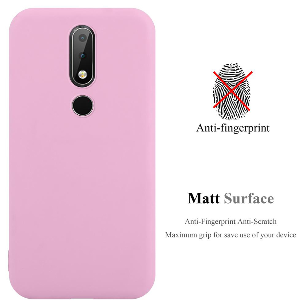 Funda de teléfono rosa con teléfono dentro. El texto dice superficie mate, anti-huellas.