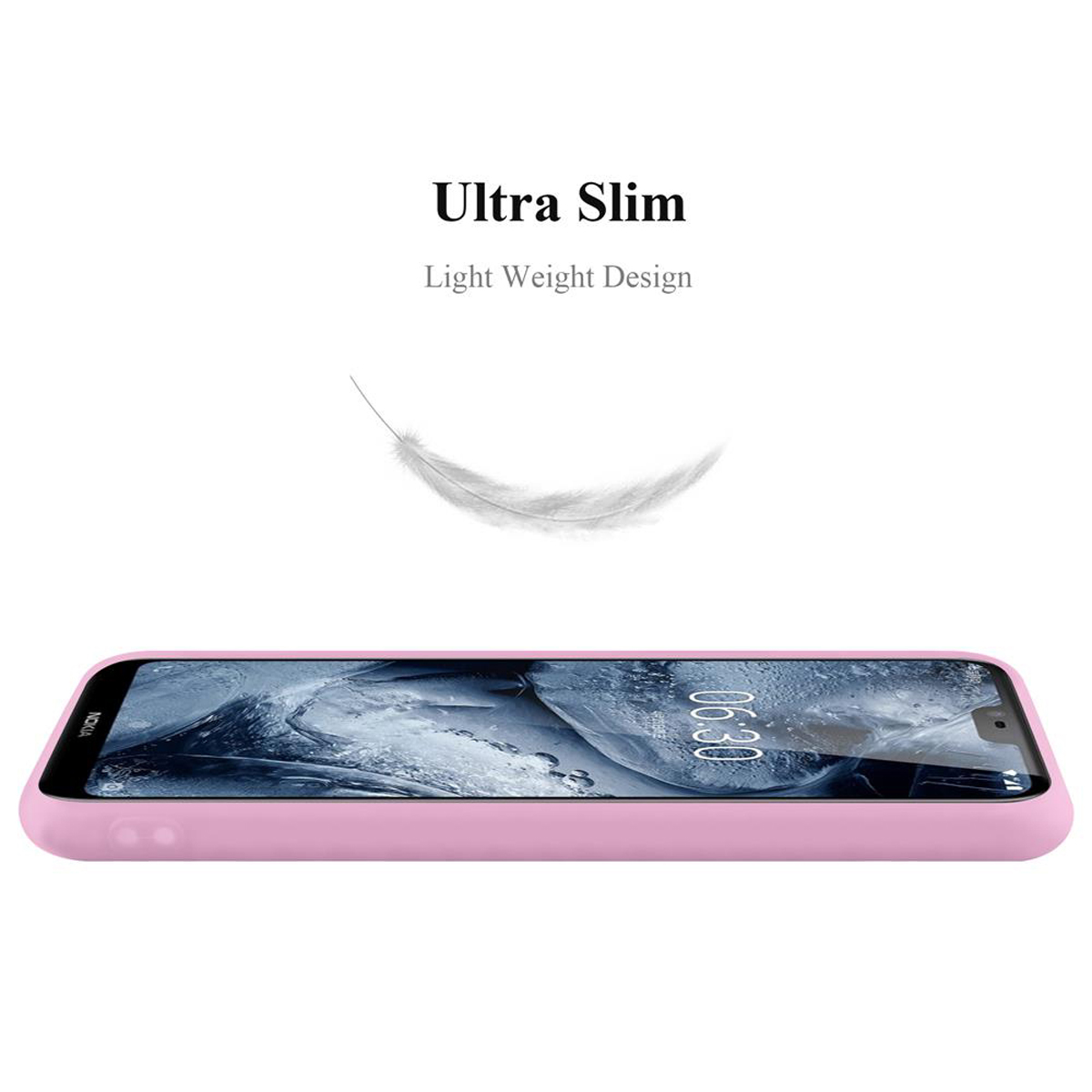 Funda de teléfono rosa desde la vista lateral. Una pluma flotando encima. Texto: Ultra Slim, Diseño ligero.