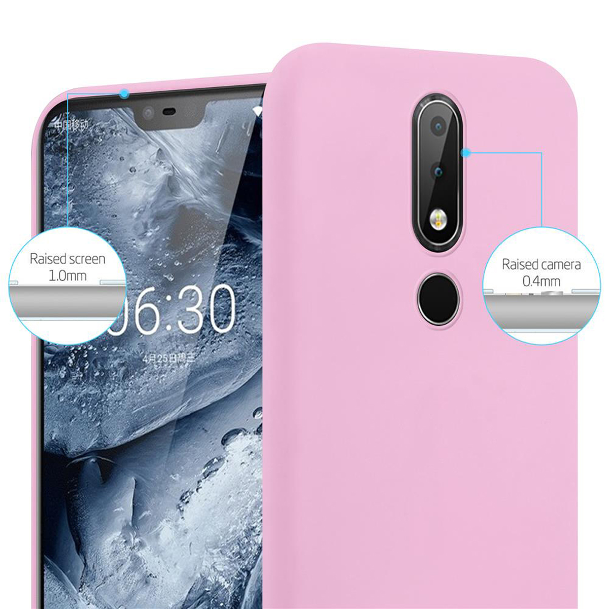 Una funda de teléfono rosa con un teléfono dentro, con vistas de cerca de la pantalla y la cámara.