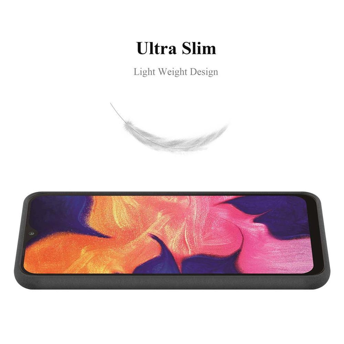 Telefono nero, sfondo bianco, grafica a piuma sopra. Testo: 'Ultra Slim' e 'Light Weight Design'.