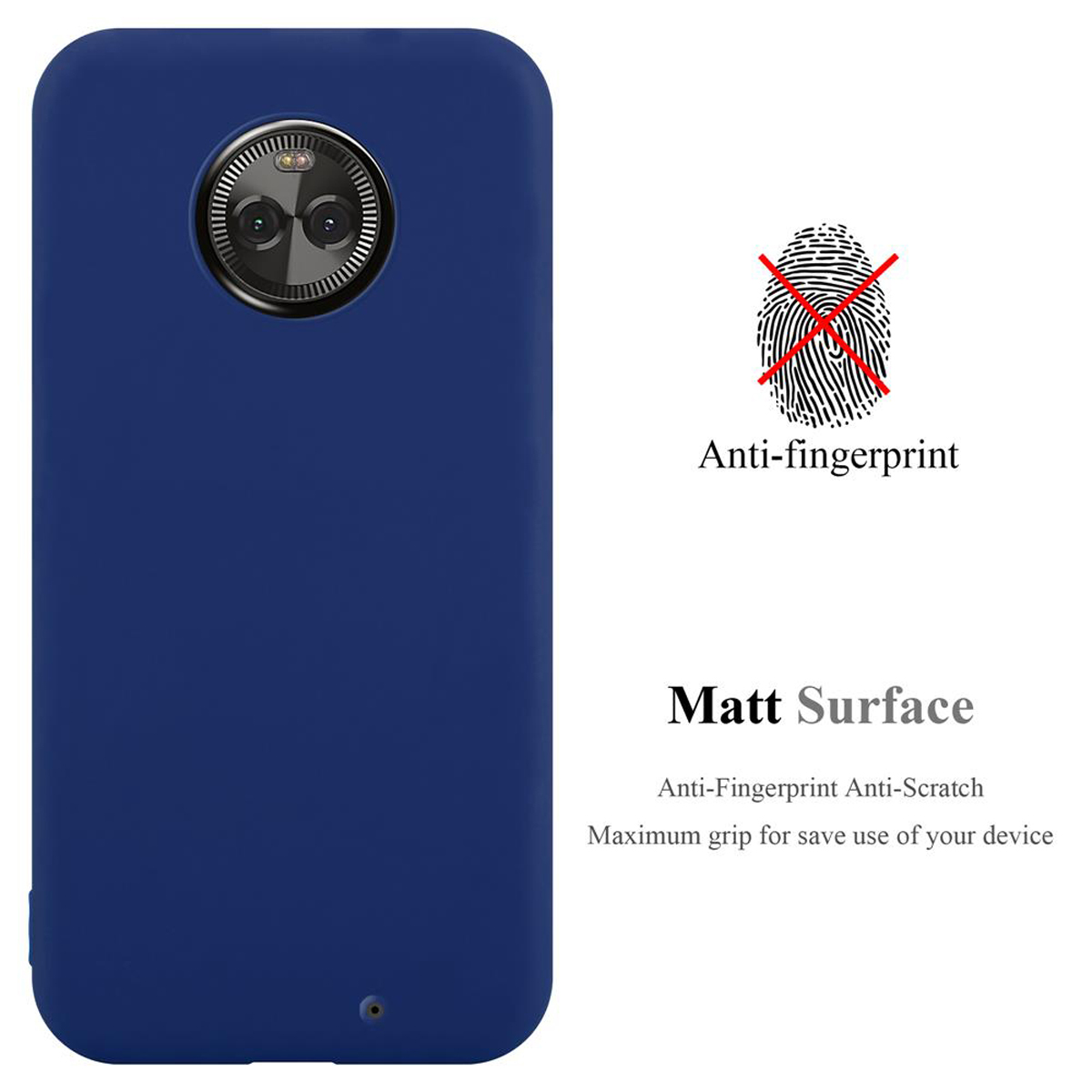 Custodia per telefono blu. Anti-impronta e antigraffio. Il testo dice superficie opaca. Sfondo bianco.