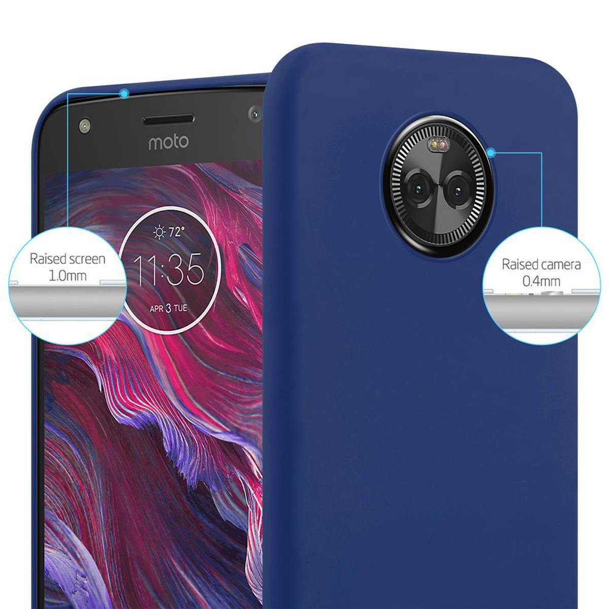 Custodia blu per telefono con telefono all'interno. Schermo e dettagli della fotocamera rialzati.
