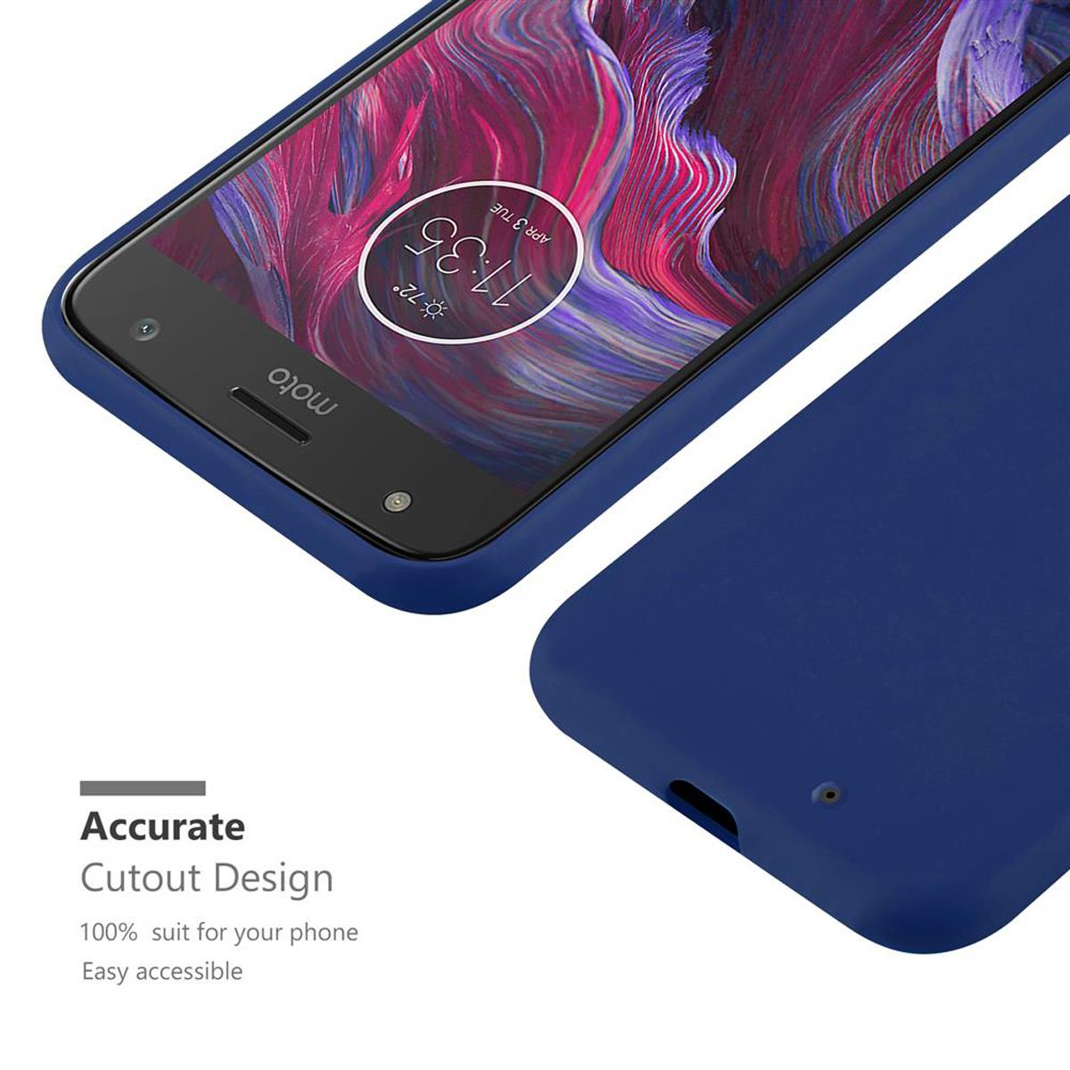 Una custodia per telefono blu con il telefono all'interno. Testo: Design ritagliato accurato, adatto al tuo telefono.