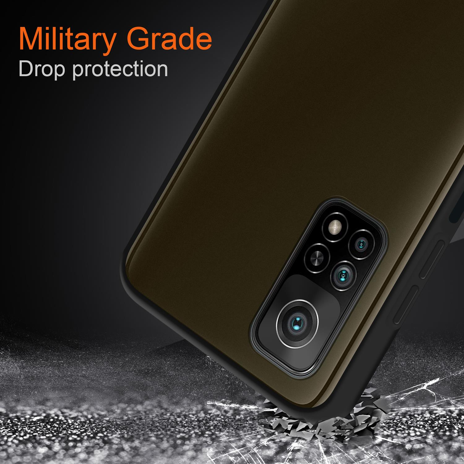 Handyhülle auf einer Oberfläche. Die Hülle hat militärischen Fallschutz und schützt das Telefon.