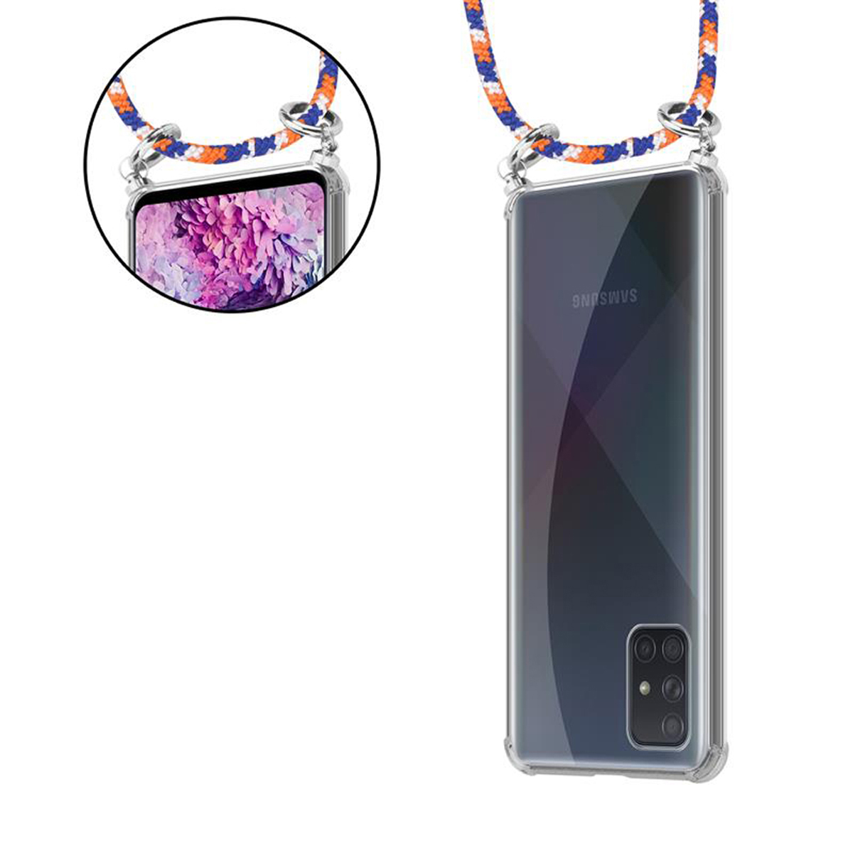 CADORABO Handy Kette 5G, A71 BLAU Silber Ringen, Hülle, abnehmbarer Band ORANGE Samsung, WEIß Galaxy und mit Kordel Backcover