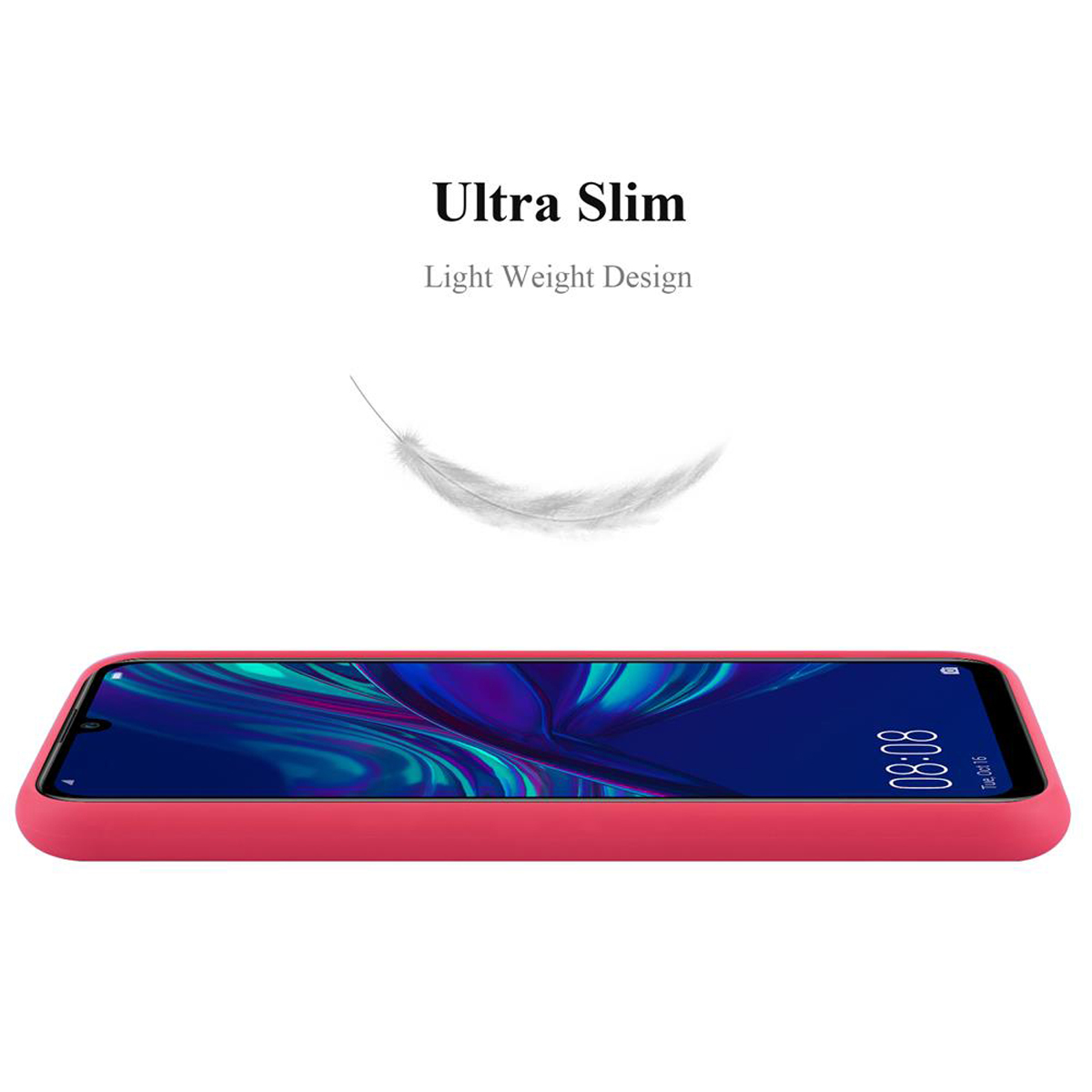 Rote Handyhülle, Seitenansicht. Text: Ultra Slim, Light Weight Design. Eine Feder schwebt darüber.