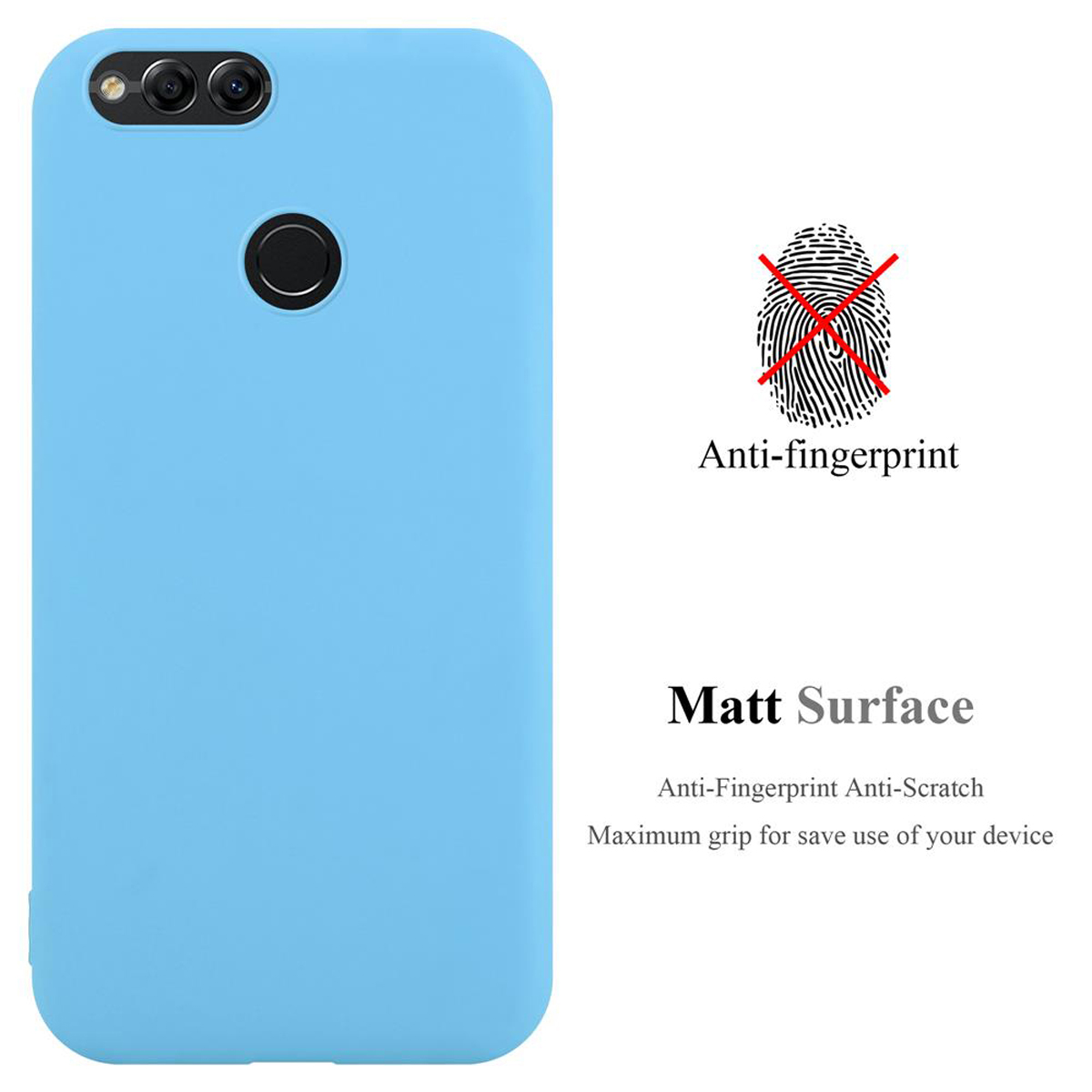 Custodia per telefono azzurra con la scritta 'Anti-impronte' e un simbolo di impronta digitale.