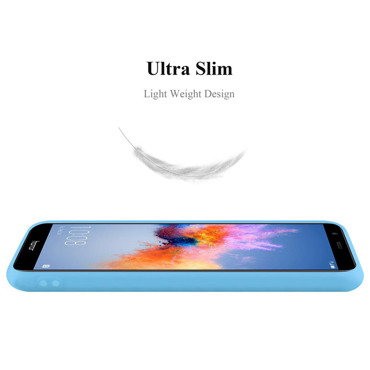 Custodia blu per telefono con una piuma fluttuante sopra. Testo 'Ultra Slim' in alto.